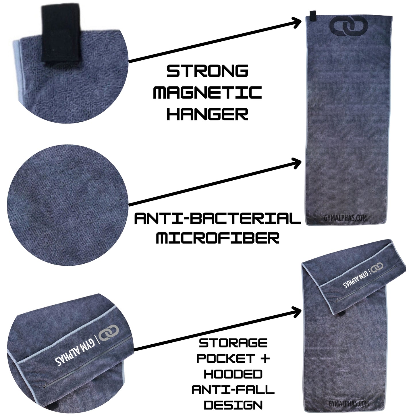 Features of NEVER-FALL Gym Towel: strong magnetic hanger, anti-bacterial microfiber, storage pocket, hooded anti-fall design.